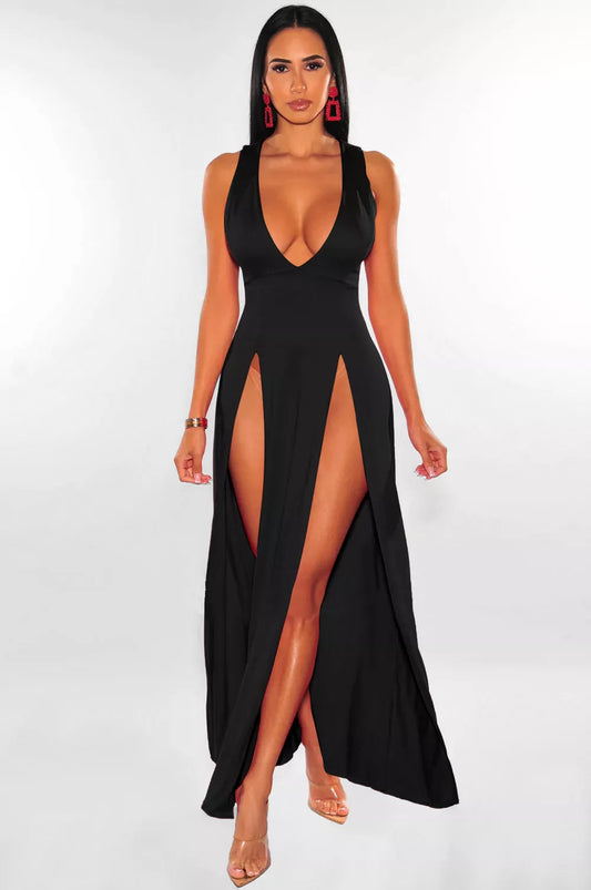 Summer Y2k Sleeveless Bodycon Maxi Dress Sexy V-neck High Split Elegant Long Evening Dress Party A-line Women Prom