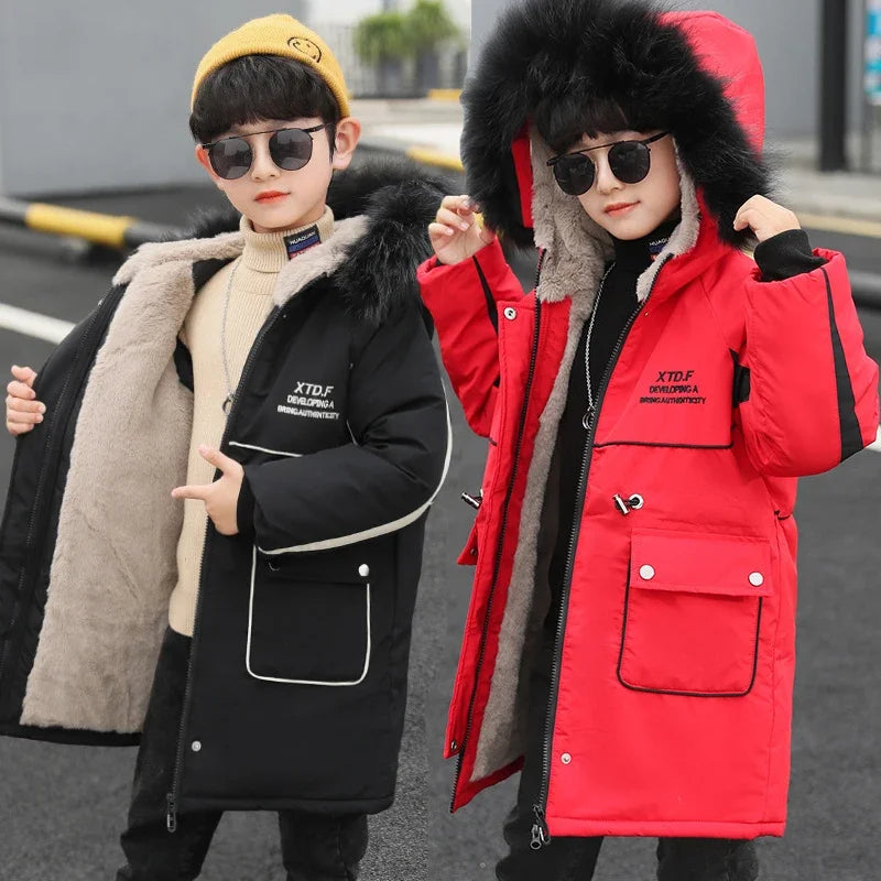 3 -14 Years Very Keep Warm Winter Teenager Mid-Length Plus Velvet Thick Fur collar hooded Cotton Coat For Kids Boy Jacket - Girl Jacket