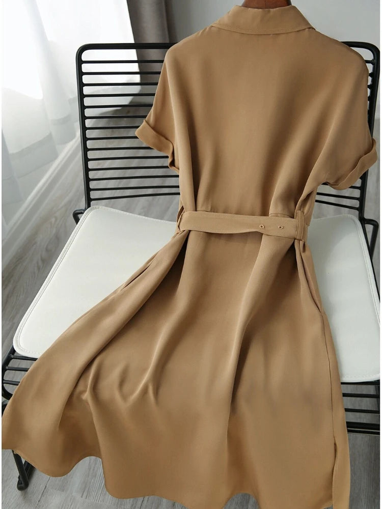 Summer New Light Luxury Imitation Mulberry Silk Shirt Skirt Over-the-knee Lace-up Dress Single-breasted Women Work Dress