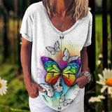 Women's T-Shirt Summer V-Neck Shirt Loose Fashion Trend T-Shirts Beautiful Butterfly Printed Clothes Tees Streetwear Women Casual - Women Tops - Women Prom