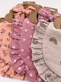 2Pcs/Set Ruffled Edge Muslin Cotton Bibs Hair Bows Headbands Flower Print Saliva Towel Feeding Burp Cloths Scarf Newborn - girl cloth - Baby Girls