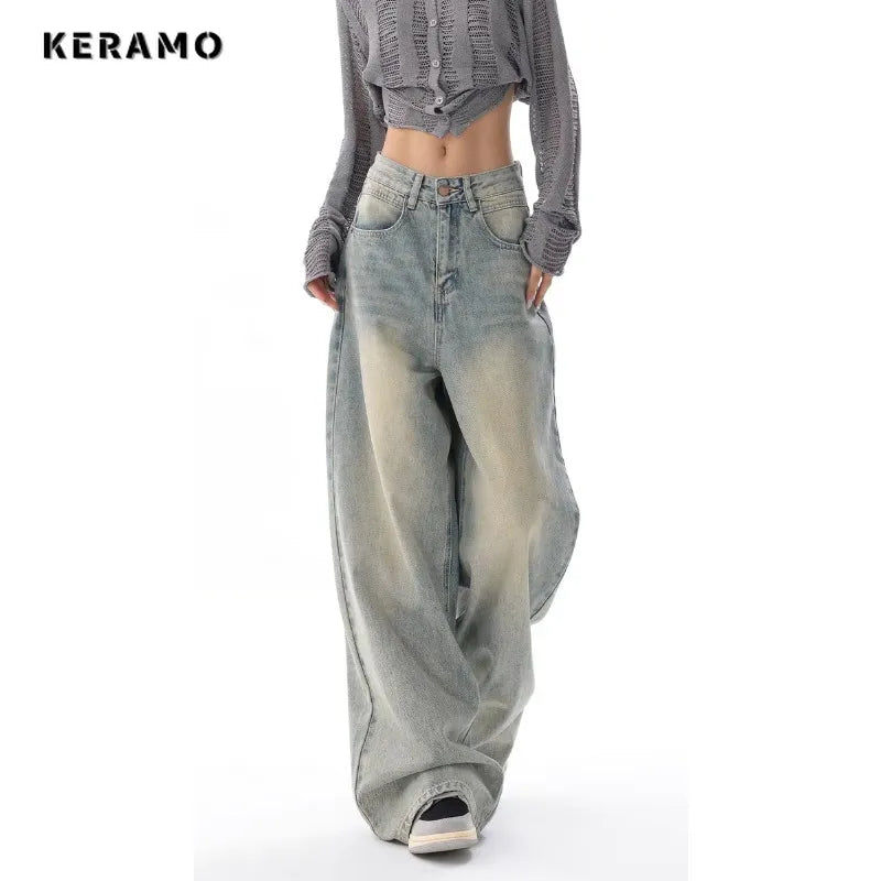 Korean Vintage Casual High Waist High Street Style Light Blue Straight Jeans Pants Women's Wide Leg Baggy Y2K Denim Trouser  Women Jeans - Girls Jeans