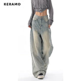 Korean Vintage Casual High Waist High Street Style Light Blue Straight Jeans Pants Women's Wide Leg Baggy Y2K Denim Trouser  Women Jeans