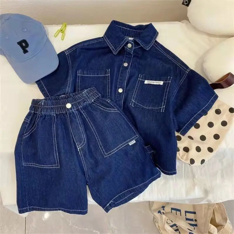 Spring Summer Kids outfit Children Clothes Boys Suit Denim  Tops + Jeans Pants 2Pcs/Set Infant Casual Outfits  2-12 years Boy shorts - Girls Short