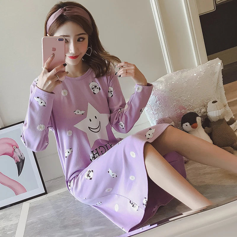 Spring Long Sleeve Print Nightgowns Breathable Loose Comfort Home Wear Leisure Sweet LeisureM-3XL Sleepshirts Hot women lounge