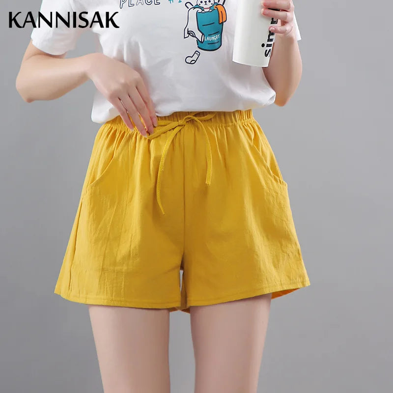 Summer Korean Wide Leg Casual Solid Drawstring Elastic Waist Shorts Girls Cotton Women's Mini Biker women short