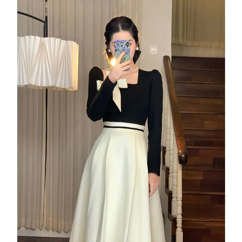 Elegant Hepburn Women's Dresses Spring Korean Fashion Chic Square Collar Bow Long Sleeve Vestidos Patchwork Prom A-Line Dress women prom - women contemporary