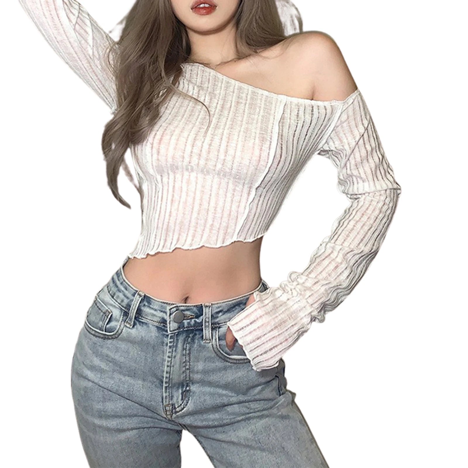 Long Sleeve T-shirt Fashion Solid Color Oblique Shoulder Irregular Exposed Navel women tops - girl tops