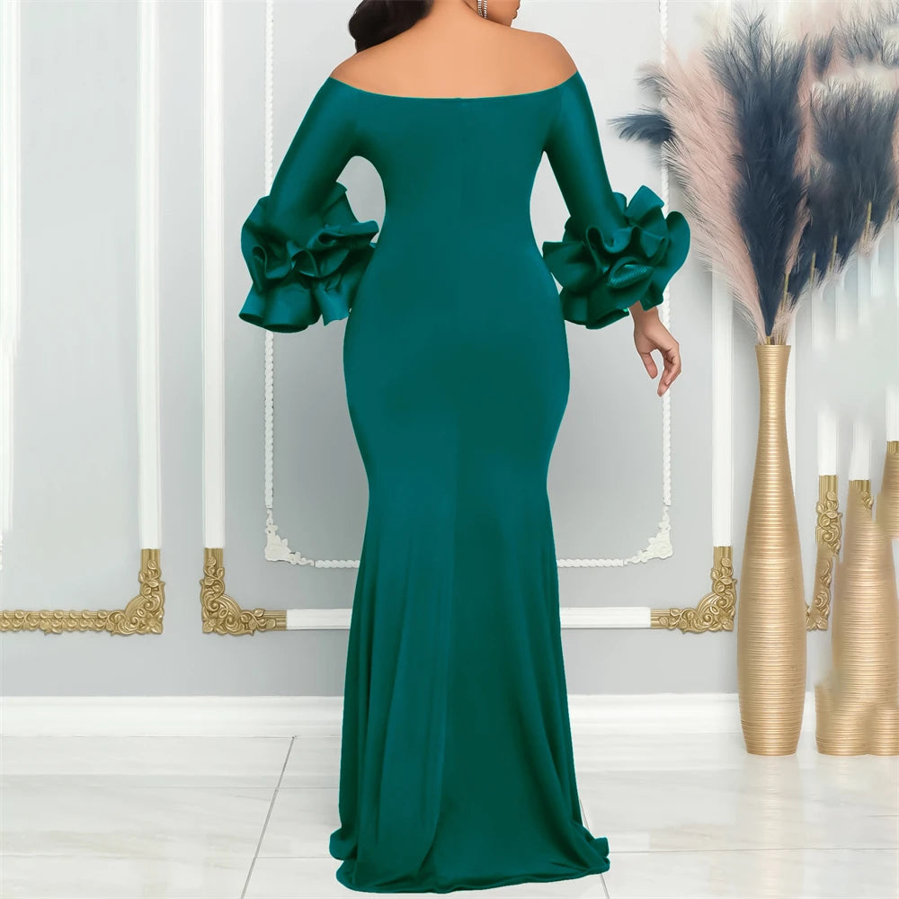 Party Dresses Woman Evening Elegant Sexy Off Shoulder Ruffle Sleeve Slit Formal Dress Wedding Africa Bodycon Gown Women Plus Size Clothing - Women Prom - Women Tees