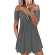 Plus Size Zipper V-Neck Short Sleeve Metal Shoulder Strap Pleated Hem A-Line Mini Dress Women Casual Cold Shoulder Swing Dress