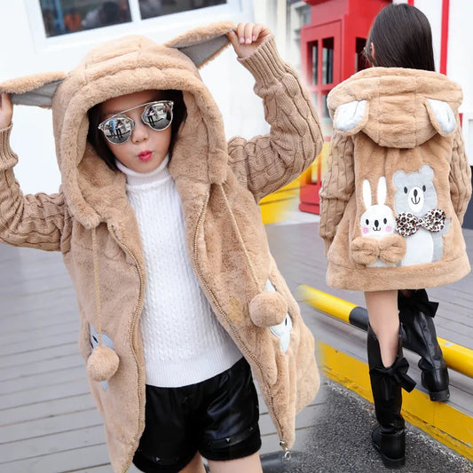 4 5 6 8 10 12 Years Winter Plush Rabbit Bear Warm Christmas Princess Hooded Windproof Outerwear Kids Clothes girl jacket