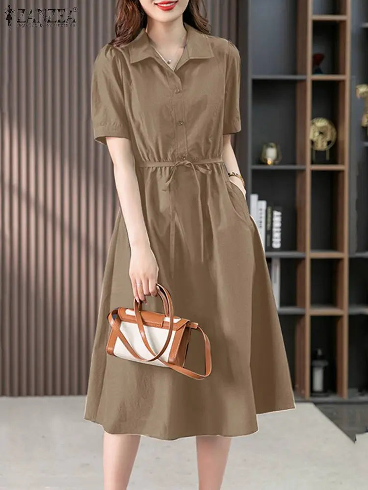 Summer Elegant Women Short Sleeve Work Vestido Loose Solid Turn Down Collar Shirt Dress Elastic Waist Sundress Women Dress For Work