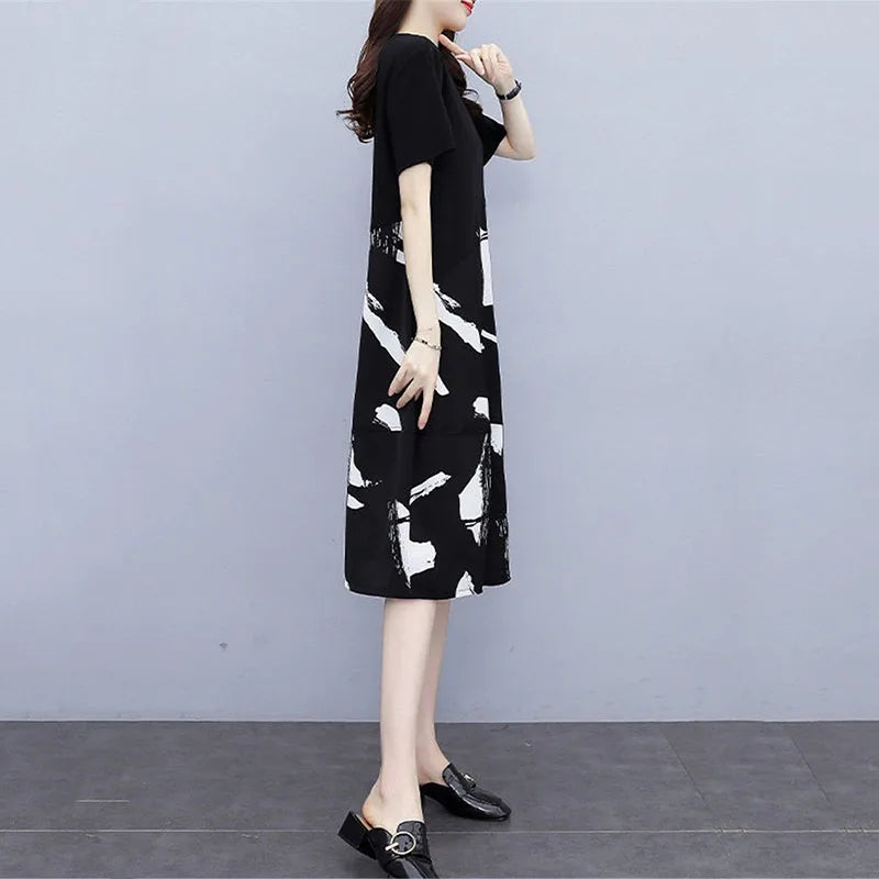 Crew Neck Printing Dress Female Summer New Coat Fat Mom Show Thin Age Reduction Woman Autumn Splicing Bottoming Dress Women Casual - Women Tops