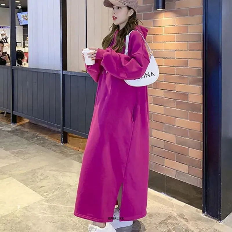 Plus Size 6XL 150kg Winter Woman Fleece Dress Loose Waist Long Sleeve Long Dresses Ladies Big Size Dress Women Casual