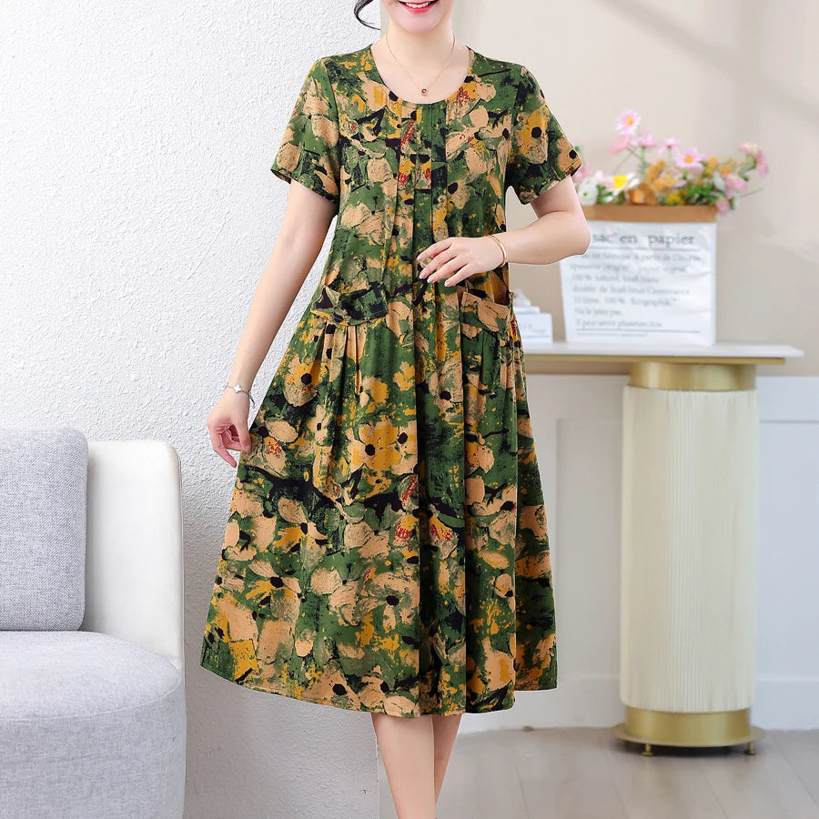 New Casual Fashion Summer Dress For Woman Short Sleeve Mid-Calf Loose Waist O-Neck Robe Femme Plaid Dresses Women Casual - Women Prom