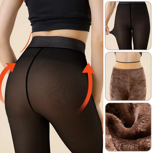 New Winter Warm Black Brown Leggings Sexy Thermal Pantyhose Woman Fleece Tights Ladies Fake Translucent Thermal Stockings Winter Women Legging