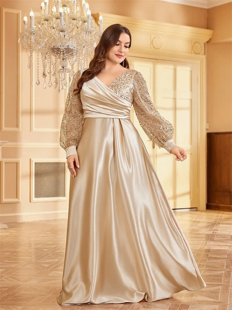 XUIBOL Luxury Gold Sequin V-Neck Evening Dress Woman Long Sleeve Satin Wedding Party Floor Lenght Cocktail Women Plus Size Clothing - Women Prom