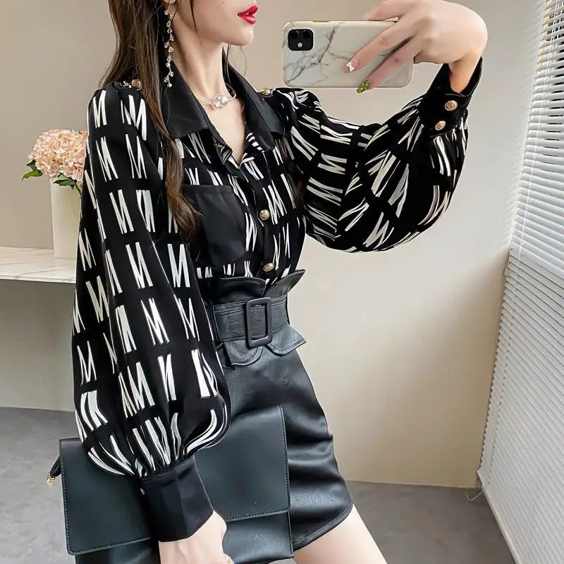 Fashion Lapel Printed Spliced Pockets Button Lantern Sleeve Chiffon Shirt Loose Casual Female Clothing Commute Blouse Women Plus Size Clothing