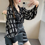 Fashion Lapel Printed Spliced Pockets Button Lantern Sleeve Chiffon Shirt Loose Casual Female Clothing Commute Blouse Women Plus Size Clothing