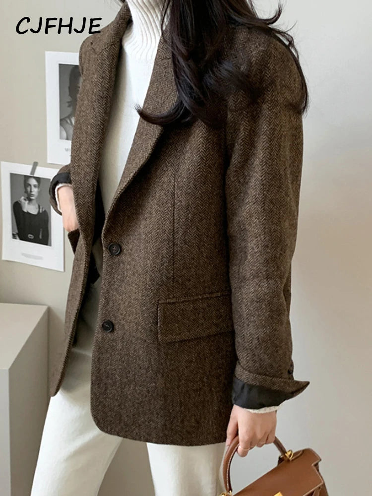 Gray Wool Blazer Women's Autumn Winter Single-Breasted Pockets Office Wear Notched Collar Thick Blazers Elegant Lady Jacket Women Jackets - Women Suiting