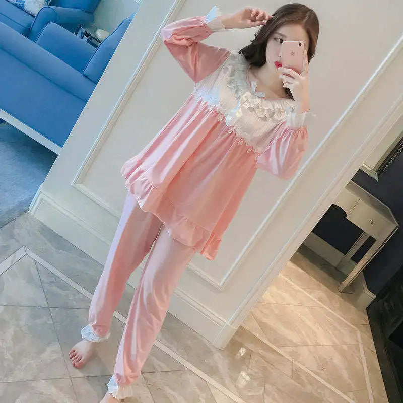 Pajama Sets Woman Long Sleeve O-neck Lace Patchwork Loose Sweet Princess Cute Sleepwear Spring Casual Home Wear Fashion Women Lounge