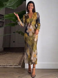 Woman Vintage Flower Printed Midi Dress Fashion U-neck Long Sleeved Vestidos Autumn Female Elegant Robes Women Prom - Women Casual