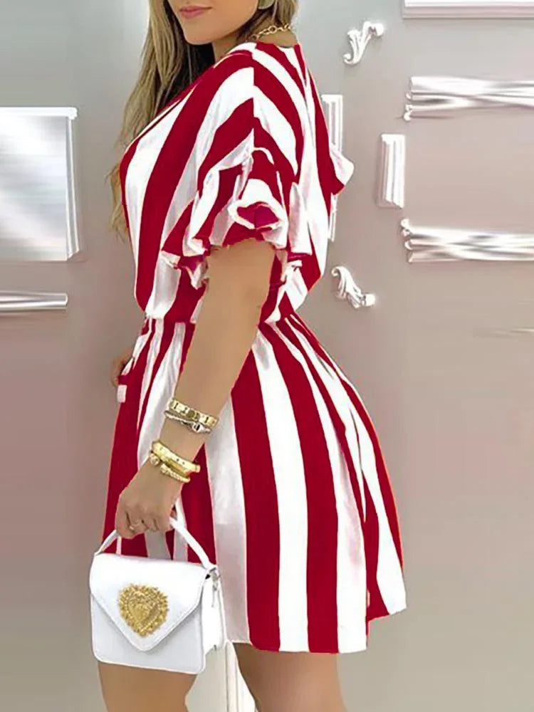 Striped Colorblock Ruffles Shirt Dress Women Short Sleeve V Neck Mini Women Short - Women Prom