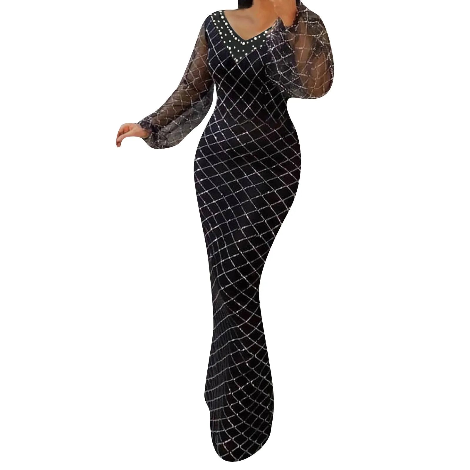 Long Sleeve Dress For Woman Solid Mesh Glitter Sparkly Sequins Slim Bodycon Black Dresses Vintage Party Dress women prom