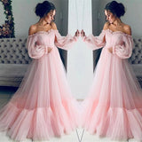 Retro Princess Dress Woman Solid Color Long Sleeve Slash-Neck Fashion Tulle Long Full Dress Female Gauze Lantern Dress Robe Women Prom - Women Contemporary