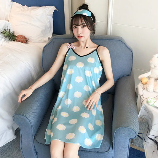 Woman Cotton Sleepwear Cherries Print Sleep Sleeveless Dress Pajamas Women Casual - Women Short - Women Tops