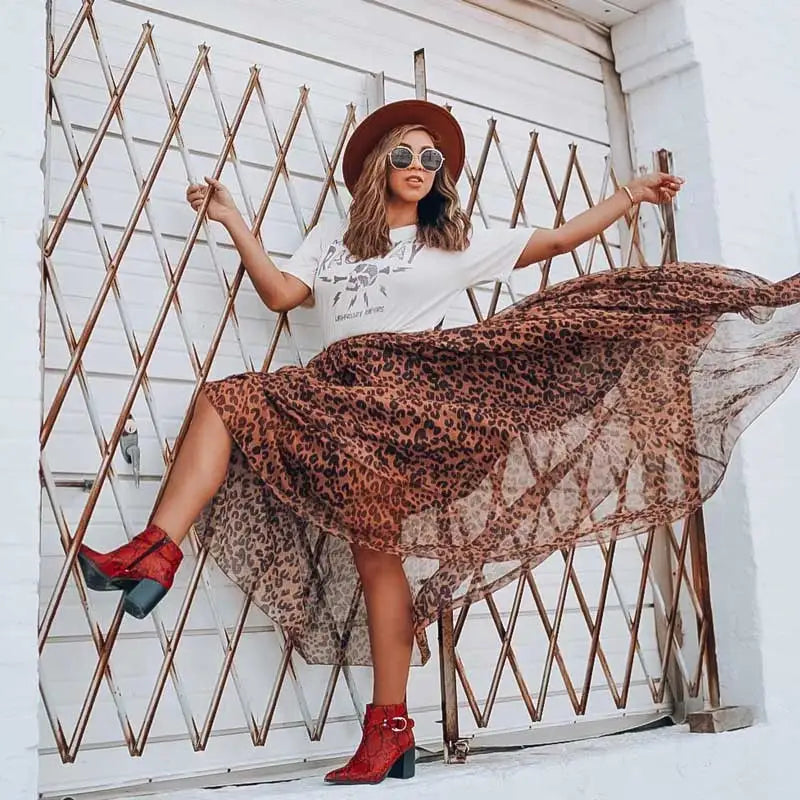 GypsyLady Leopard Maxi Skirt Elastic Skirt Woman Asymmetric Summer Skirt Boho Skirt Fashion Runway Party Skirt Faldas Women Casual