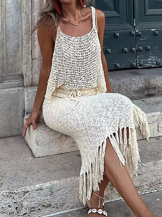 Two Piece Sets Knitted Camisole Blouse Tassel Skirts Woman Sexy See Through Summer Mesh Beach Dress Suits Hollow Out Sling Women Tops