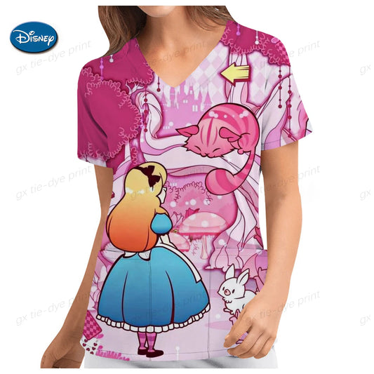 Disney Mermaid Princess Ladies Nurse Uniform Scrub V Neck Overalls Printed Uniform Women's Polyester Casual Medical Nursing women tops