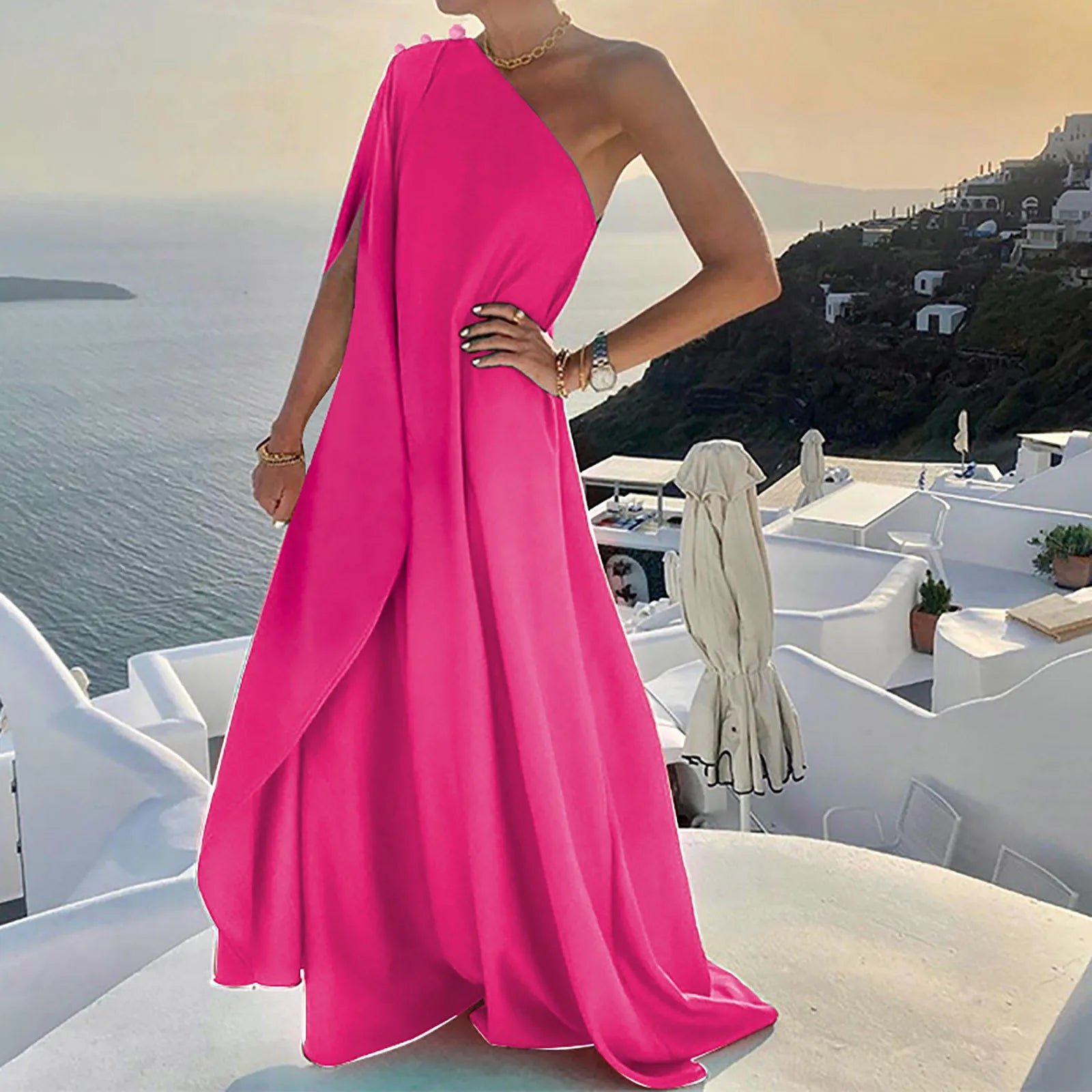 Plus Size Sexy One Shoulder Swing Elegant Ladies Wedding Party Nightgowns Summer Loose Sleeveless Maxi Dress Guest Robe Women Dress For Work - Women Prom