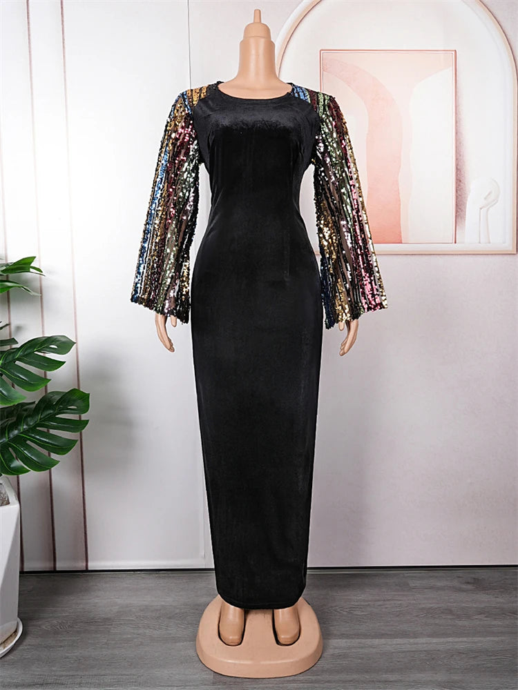 Party Evening Dresses Elegant Woman Luxury Sequin Velvet Robe African Dashiki Long Sleeve Clothing Wedding Birthday Dress Women Prom - Women Plus Size Clothing