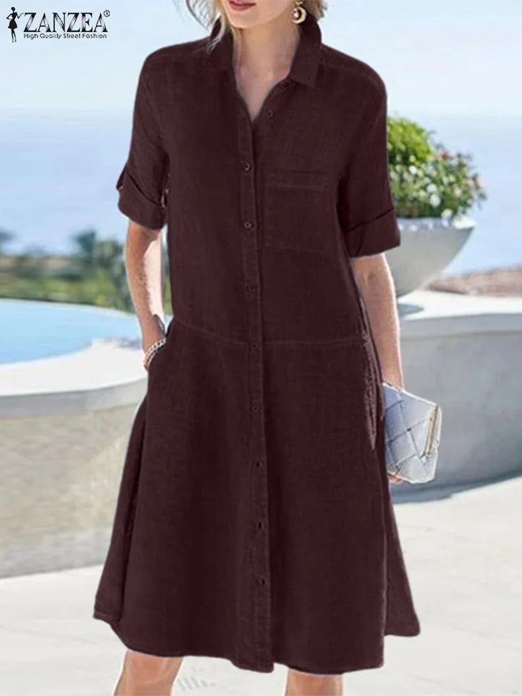 ZANZEA New Summer Dress Woman Half Sleeve Buttons Shirt Vestido Lapel Neck Work Sundress A Line Robe Loose Holiday  Women Plus Size Clothing - Women Prom