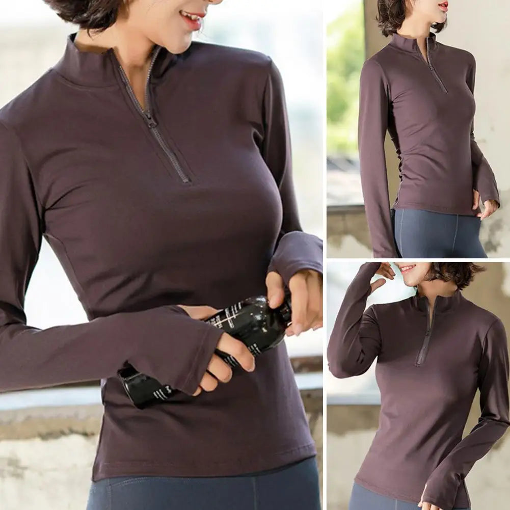 Solid Color Stretchy Long Sleeve Women's Sports Top with Zipper Stand Collar Sweat Absorption for Sportswear Athletic Clothing