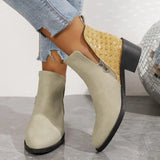 Suede Zipper Ankle Boots for Autumn Pointed Woven Patchwork Female Boot Concise Square Heel Chelsea Girls Shoes