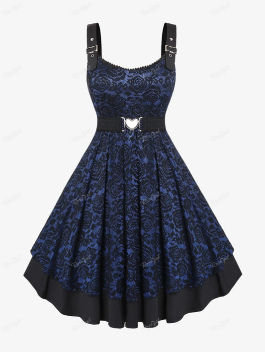 ROSEGAL Plus Size Vintage Floral Lace Jacquard Buckled Straps Dress With Belt Deep Blue Fashion Party Holiday Dresses Vestidos Women Plus Size Clothing