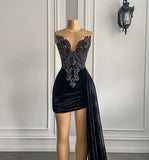 New Arrival Beaded Embroidery Black Velvet Short Dresses With Side Train Women Contemporary