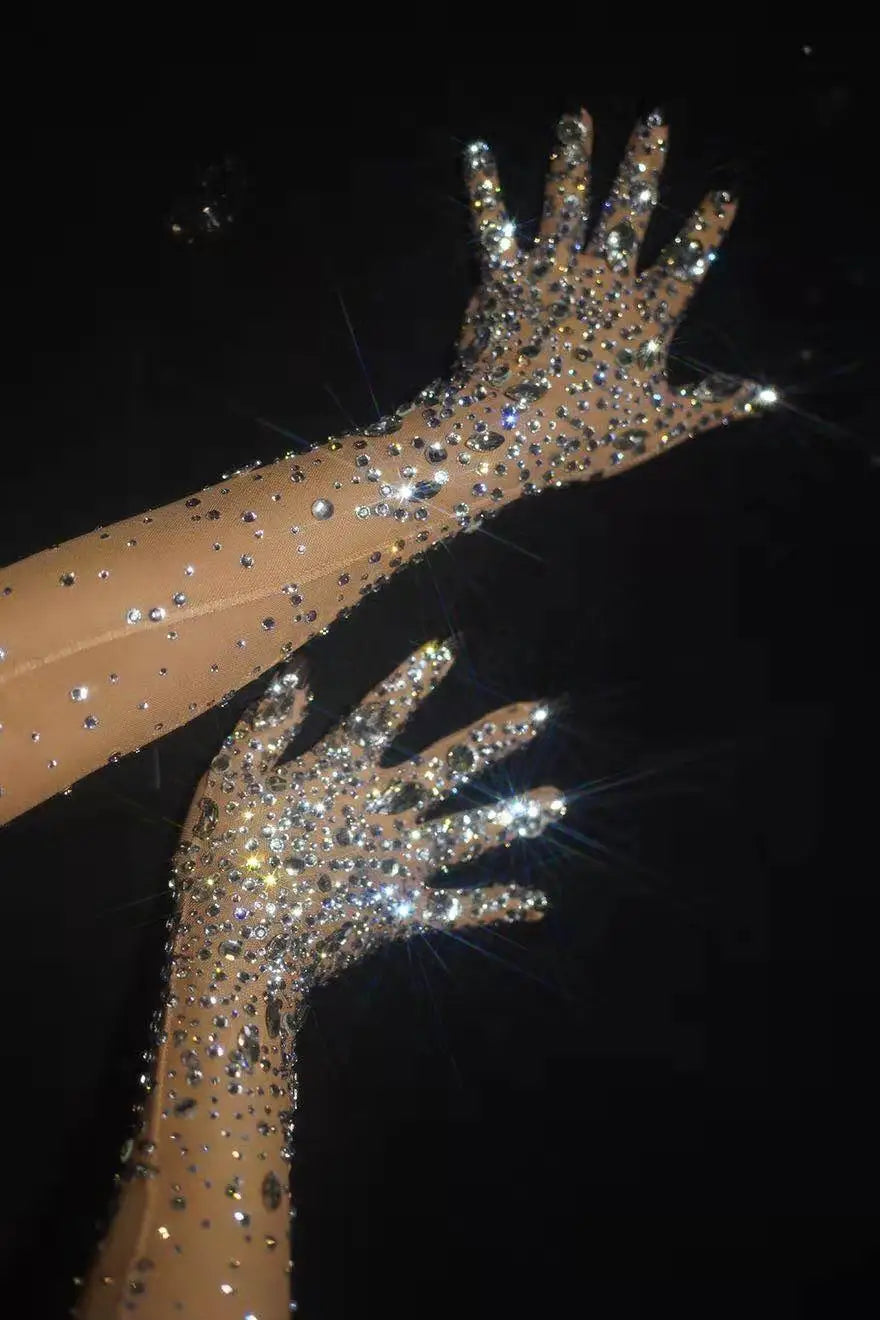 Luxurious Stretch Rhinestones Gloves Women Sparkly Crystal Mesh Long Gloves Dancer Singer Nightclub Dance Stage Show Accessories  - Women Jewellery - Girl Jewellery - Women Accessory - Girl Accessory