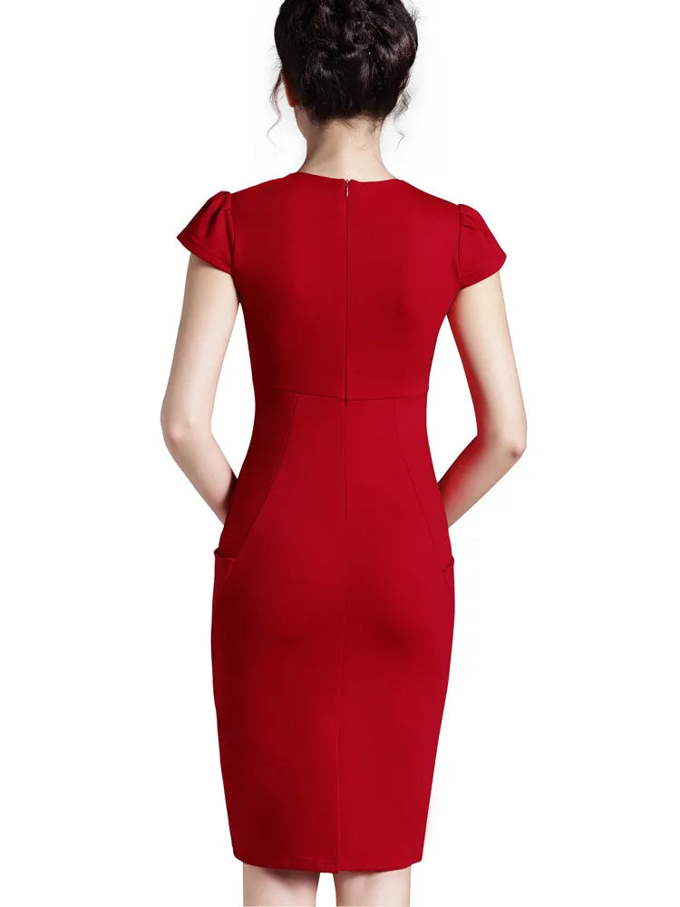 Nice-forever Office Woman Vintage Summer Solid Deep V neck Zipper Back Formal Stretch Pencil work Bodycon Pocket Women Work Dress