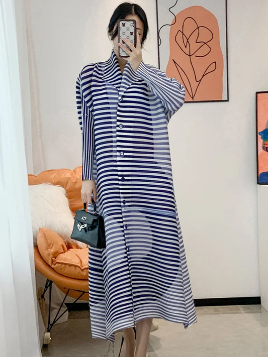 LANMREM Striped Print Contrast Color Pleated Dress For Women Lapel Long Sleeve Casual Loose Dresses Spring New Women Casual - Women Plus Size Clothing