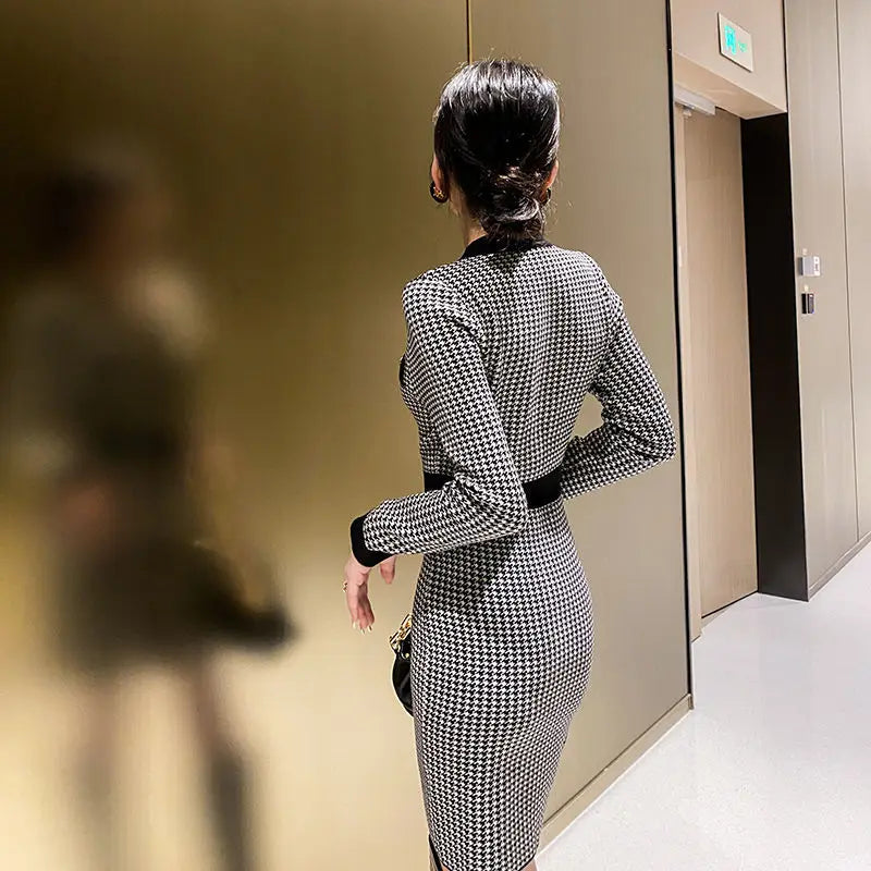 Women's Dresses Bodycon Party Formal Clothing Knitted Sexy Daring Female Dress Plaid Crochet Korean Style Long Sleeve women prom - women contemporary