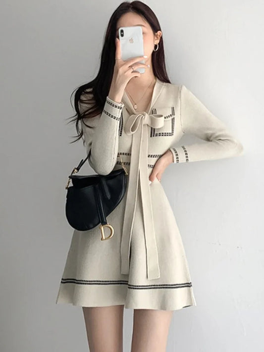 New Korean Version of Hepburn Style Contrast Color Series Age-reducing Lace-up Knitted Skirt A-line Small Long-sleeved Women Work Dress - Women Tops