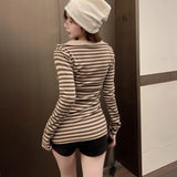 Striped Tshirt Autumn Woman  Close-Fitting Slim-Fitting Long Sleeve V-Neck T-Shirt Korean Style T-Shirt Femme Low-Cut Women Tops