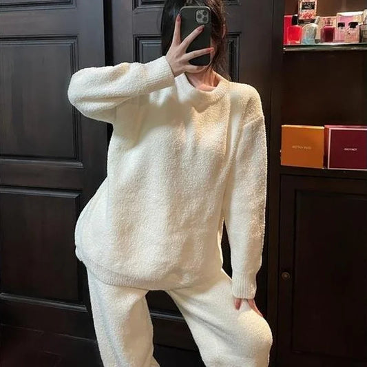 Pajama Sets Woman Round Neck Coral Fleece Slouchy Cozy Wear Solid Bundle Feet Gentle Youth Kawaii Thick Sleepwear Pajamas Women Lounge