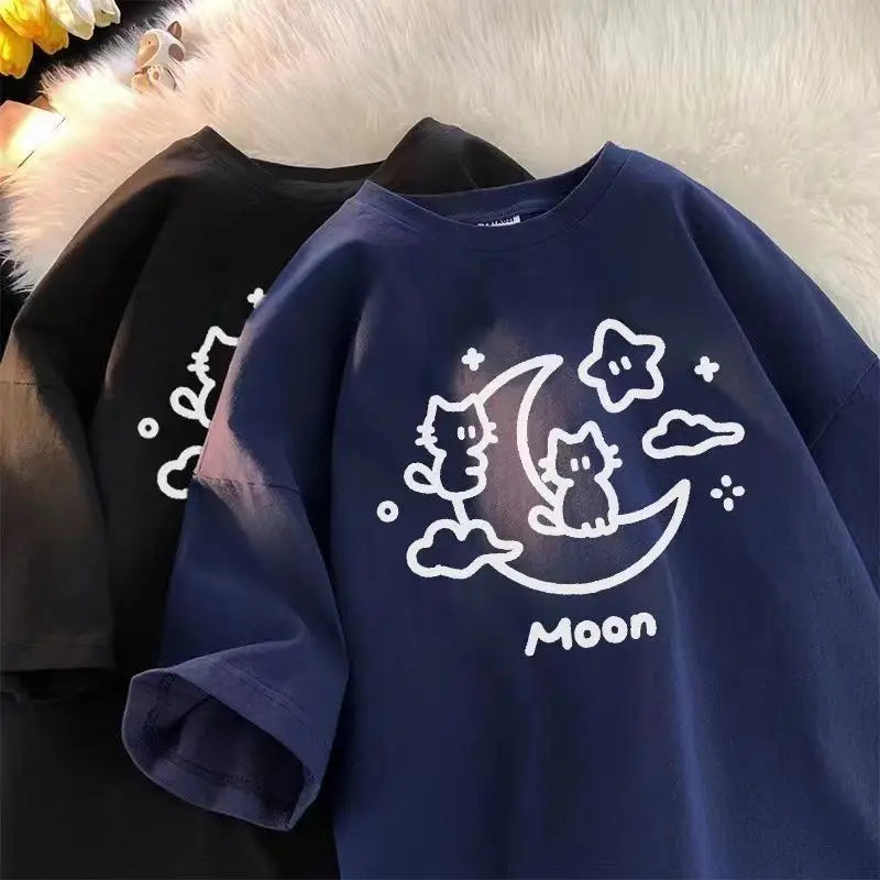 Summer Individualized Street Trend Couple Loose Short Sleeve Korean Cartoon Cat Print Men and Women Graphic T-shirt women tops - women casual