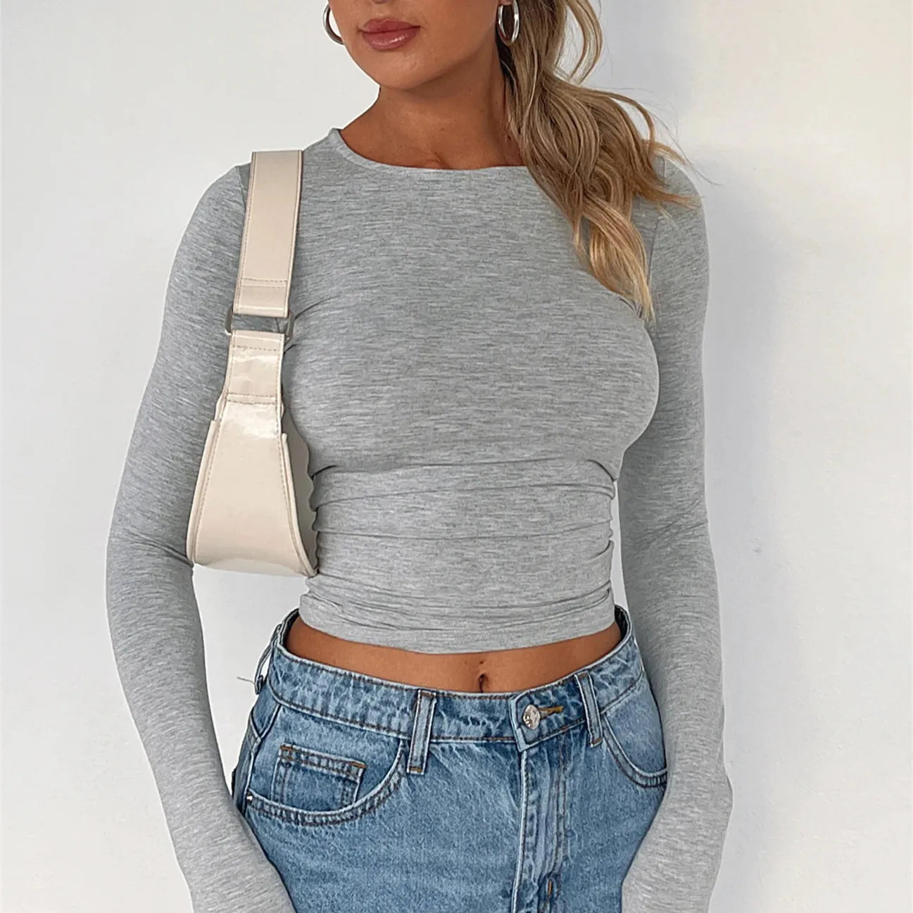 Woman Summer Slim Cropped Top Solid Color T-shirt Long Sleeve Round Neck Show Navel Base Blouse Streetwear Women Casual - Women Tops