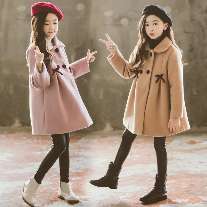 New Warm Outerwear Fashion Winter Woolen Kids Windproof Clothing Woolen Solid Colour Teens Long Coats girl jacket